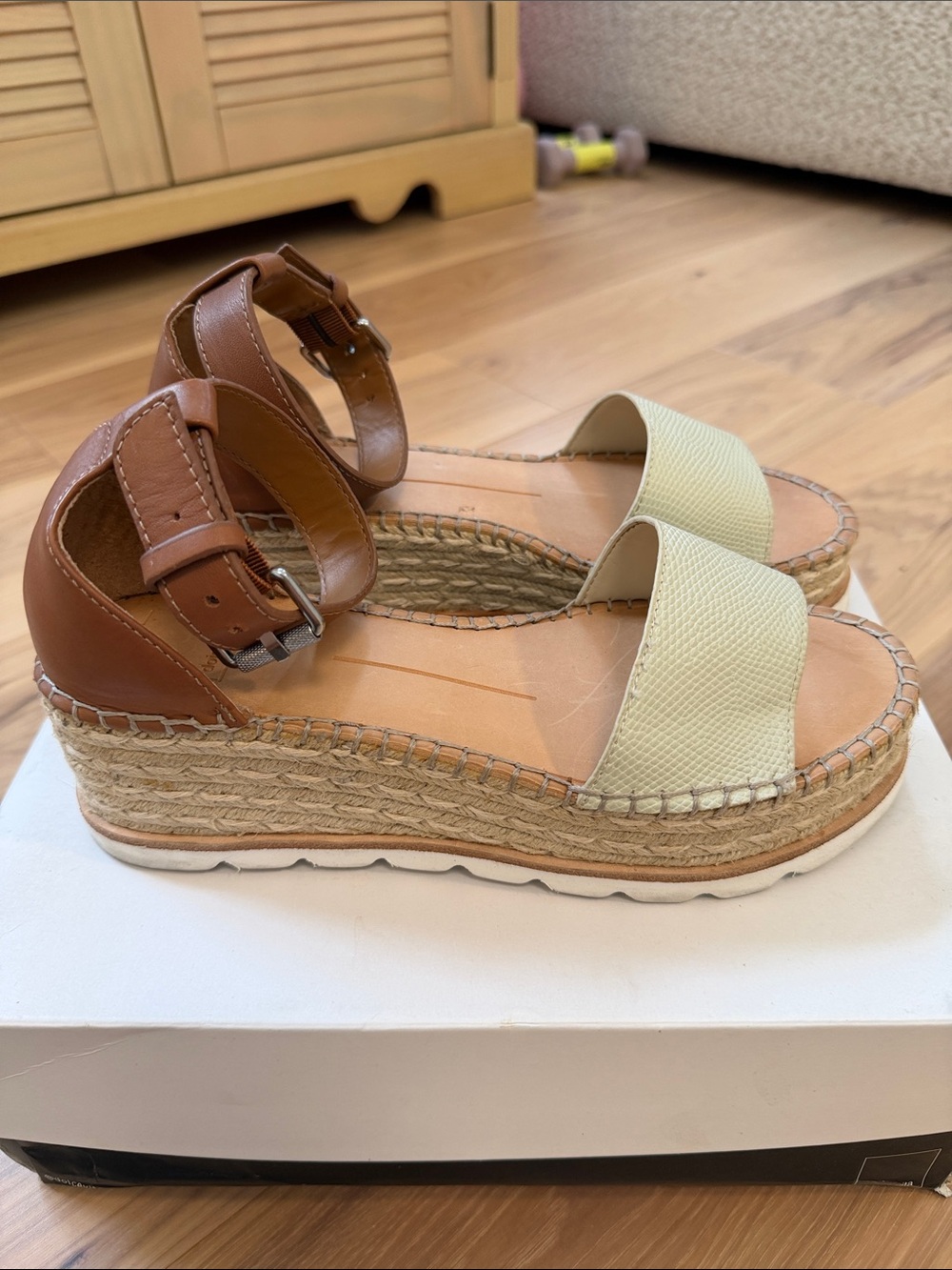 Dolce Vita Cream Front Espadrille Wedge Sandals with Brown Ankle Strap